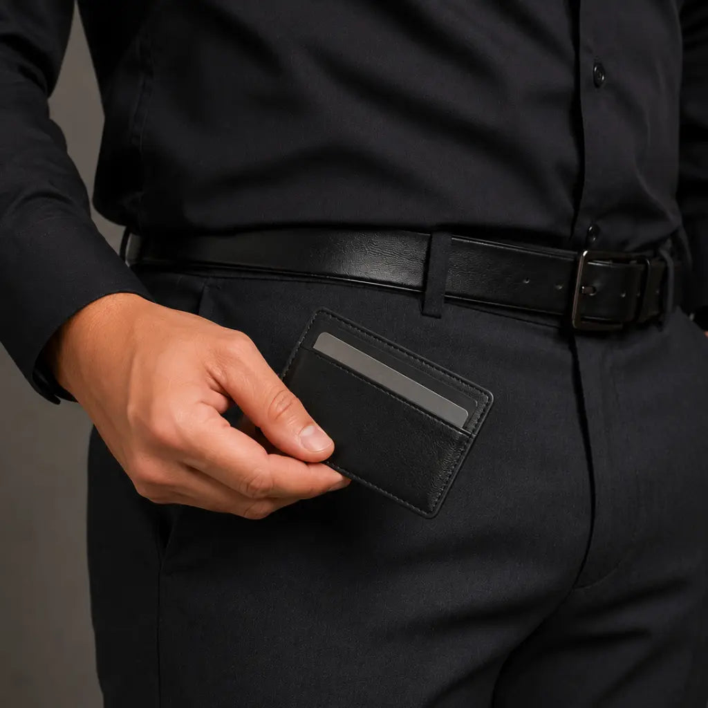 Man holding black slim card holder near dress pants pocket for everyday carry