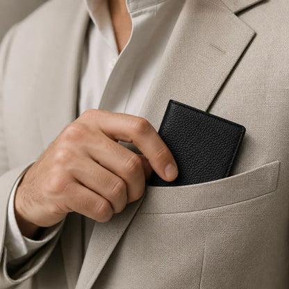 Man placing black leather card holder inside beige suit pocket for refined everyday carry