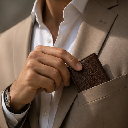 Man placing coffee leather card holder inside suit pocket for refined everyday carry