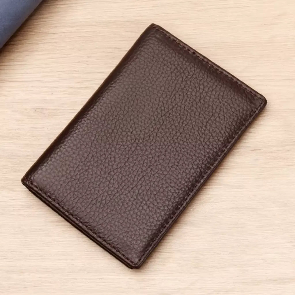 Coffee leather card holder for men with textured cow leather finish and stitched edges