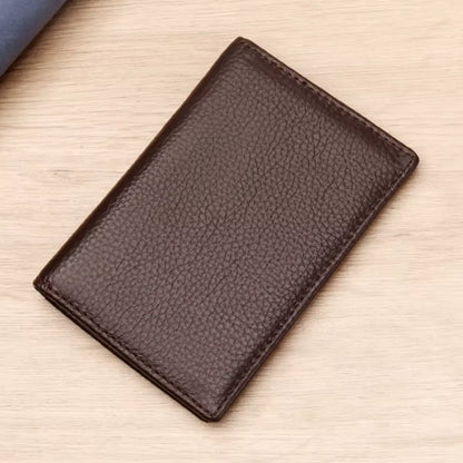 Coffee leather card holder for men with textured cow leather finish and stitched edges