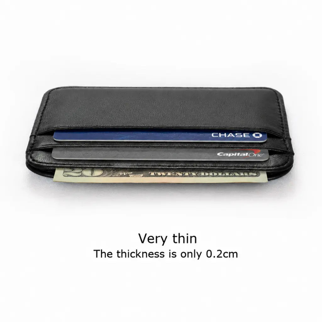 Slim black leather card holder for men showing thin profile with cards and cash