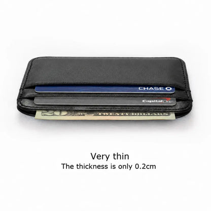 Slim black leather card holder for men showing thin profile with cards and cash
