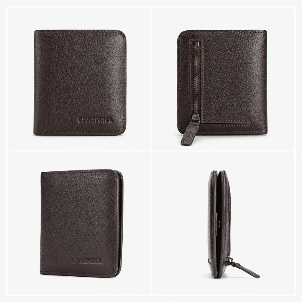 Coffee compact wallet for men showing front back and side views with zipper detail