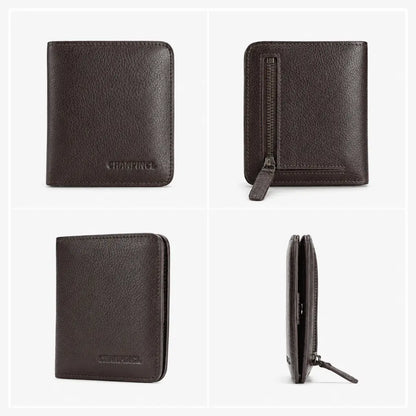 Coffee compact wallet for men showing front back and side views with zipper detail