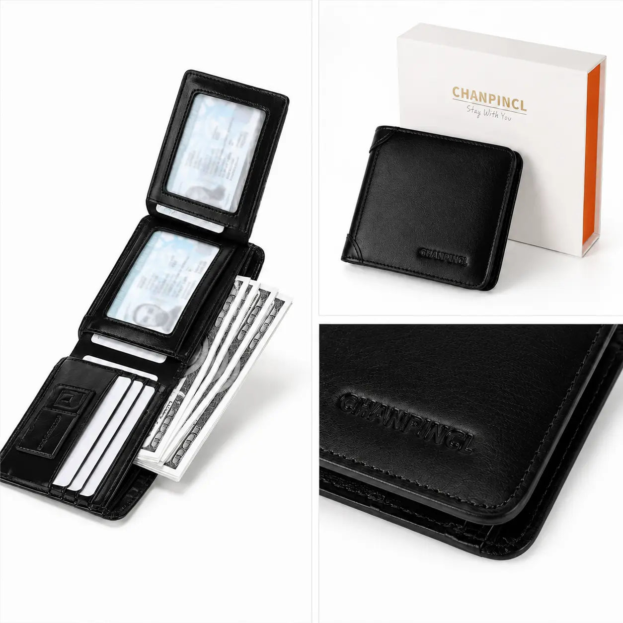 Wallet for Men RFID Model Bravik by CORVIKO in black with open compartments, cash, ID slots and close-up texture details.