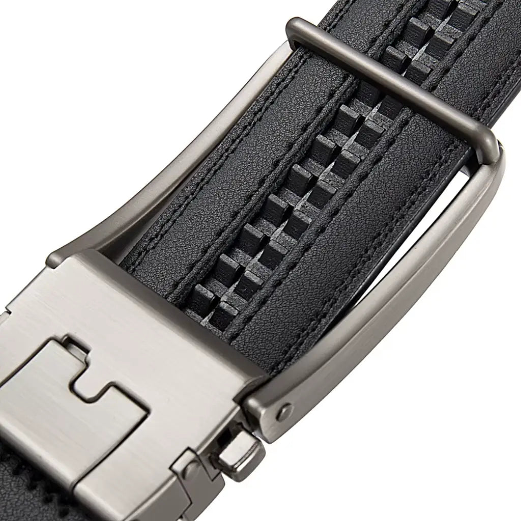 Black automatic belt for men with brushed silver buckle by CORVIKO