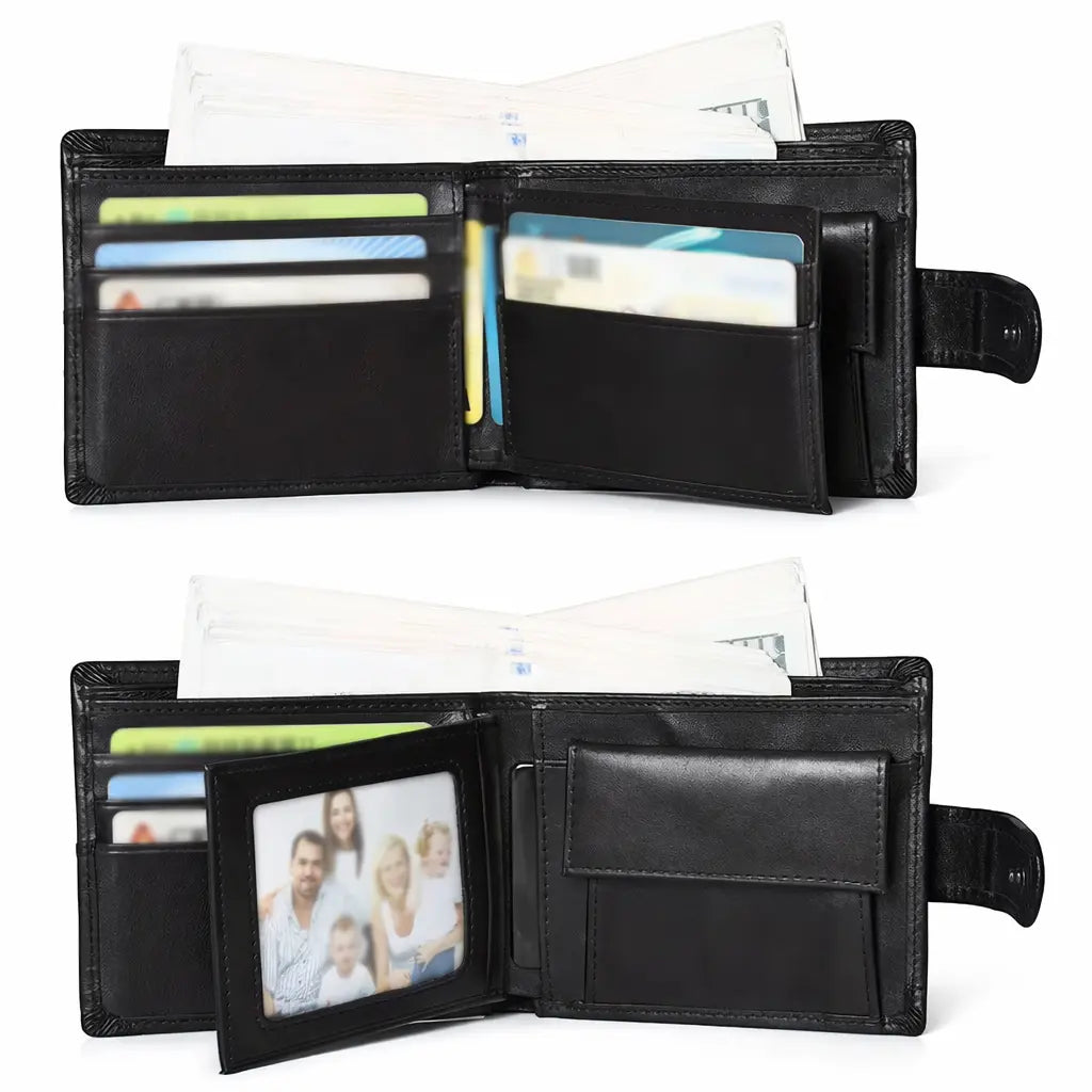 Black bifold wallet for men with snap closure