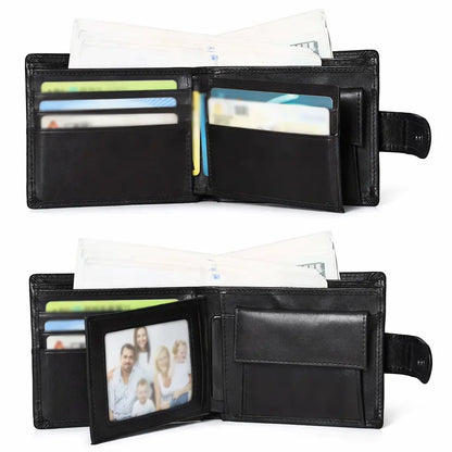 Black bifold wallet for men with snap closure