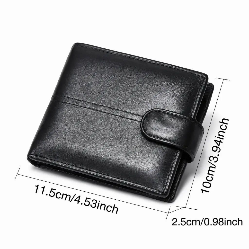 Close-up of black PU leather wallet texture and stitching
