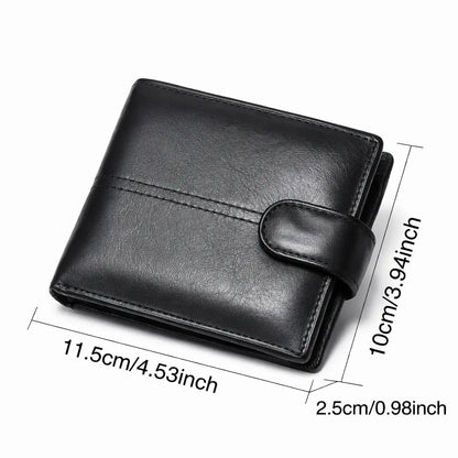 Close-up of black PU leather wallet texture and stitching
