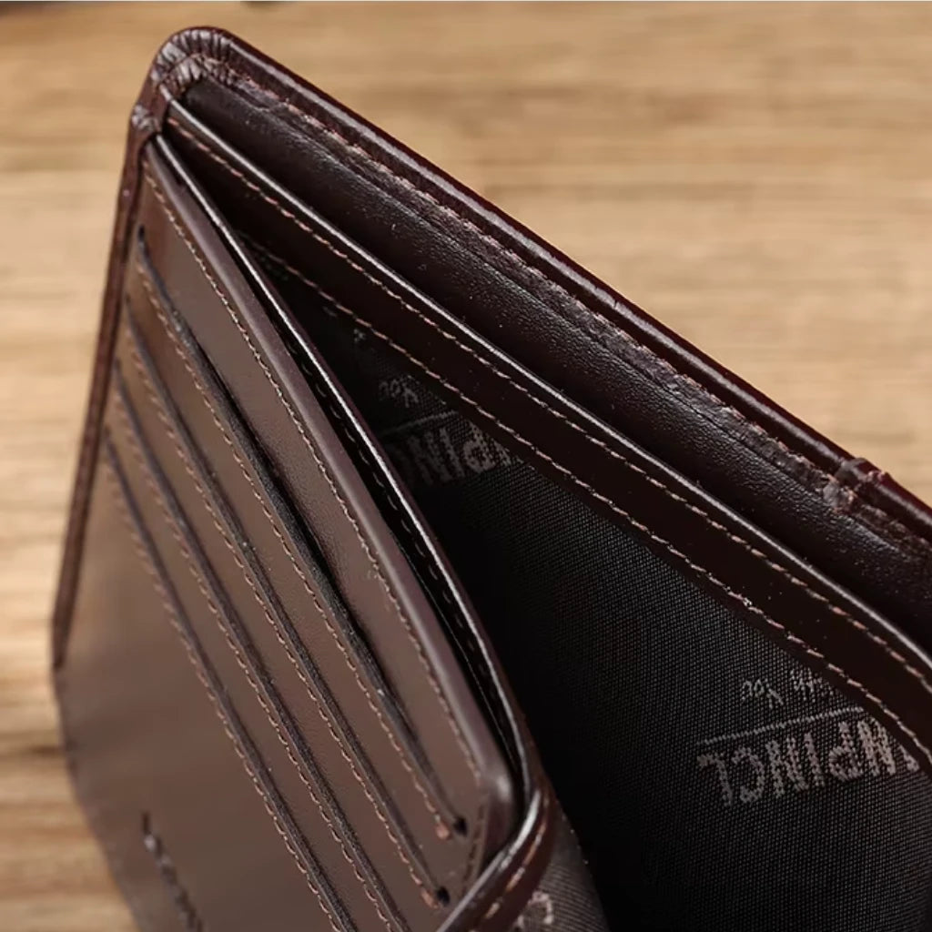 CORVIKO Bravik coffee RFID wallet - interior card slots and stitching close-up