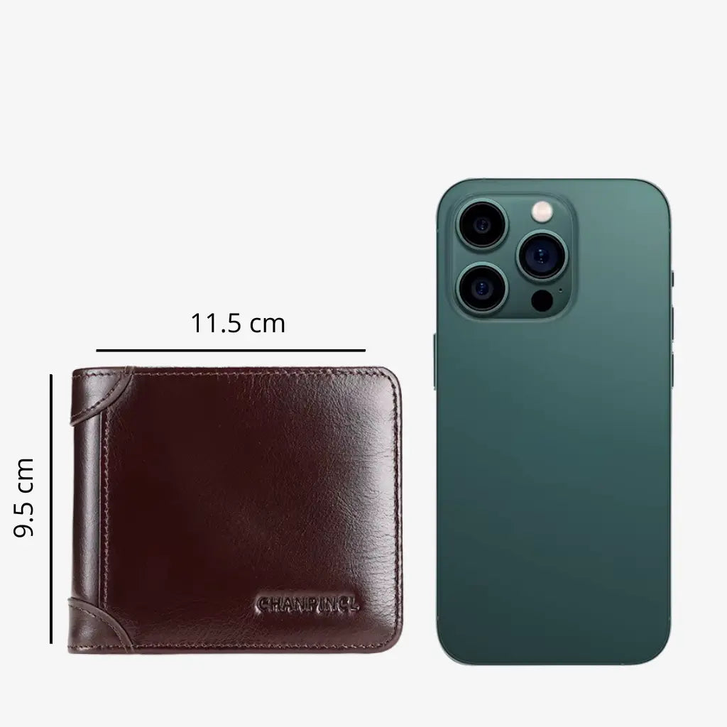 CORVIKO Bravik coffee RFID wallet for men - size reference next to smartphone