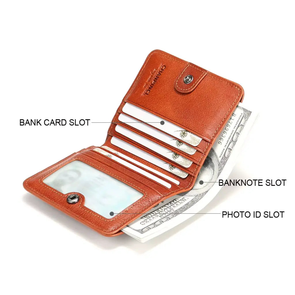 CORVIKO Renor cognac compact wallet open with card slots cash and photo ID