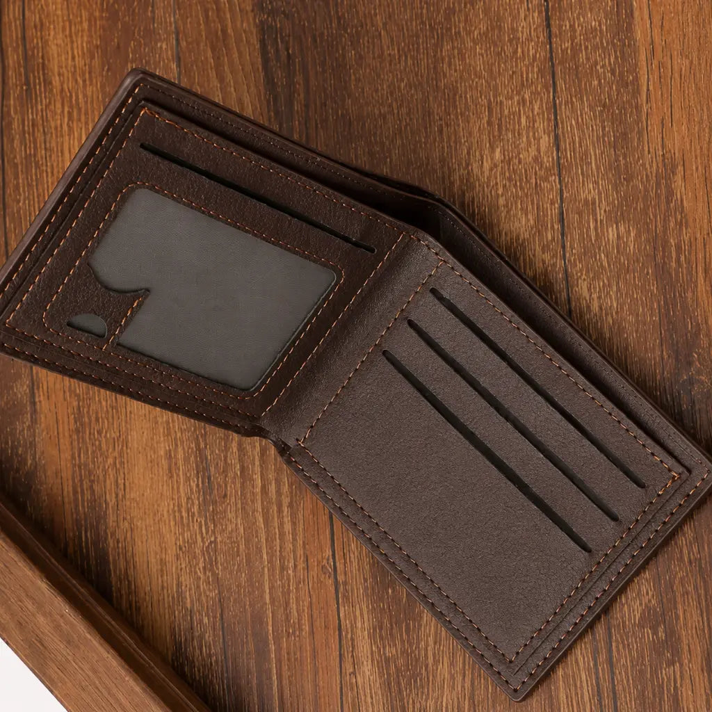 Wallet for Men Slim Model Arlen Coffee opened on wooden surface with card slots and ID window