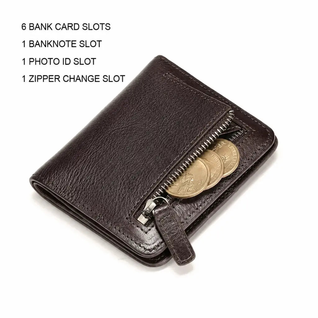Wallet for Men Compact Model Renor Coffee with zipper coin pocket and card slot details