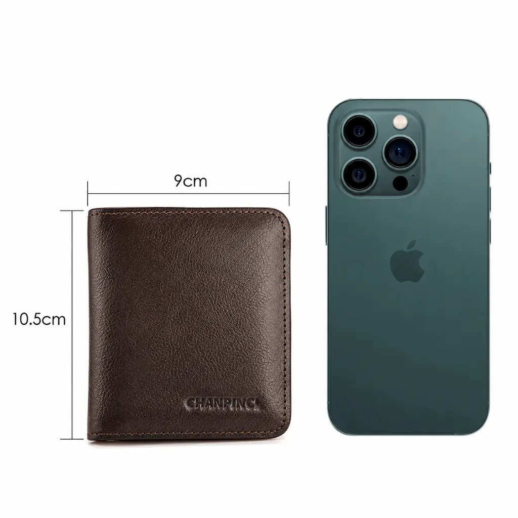 Wallet for Men Compact Model Renor Coffee shown next to smartphone for size reference