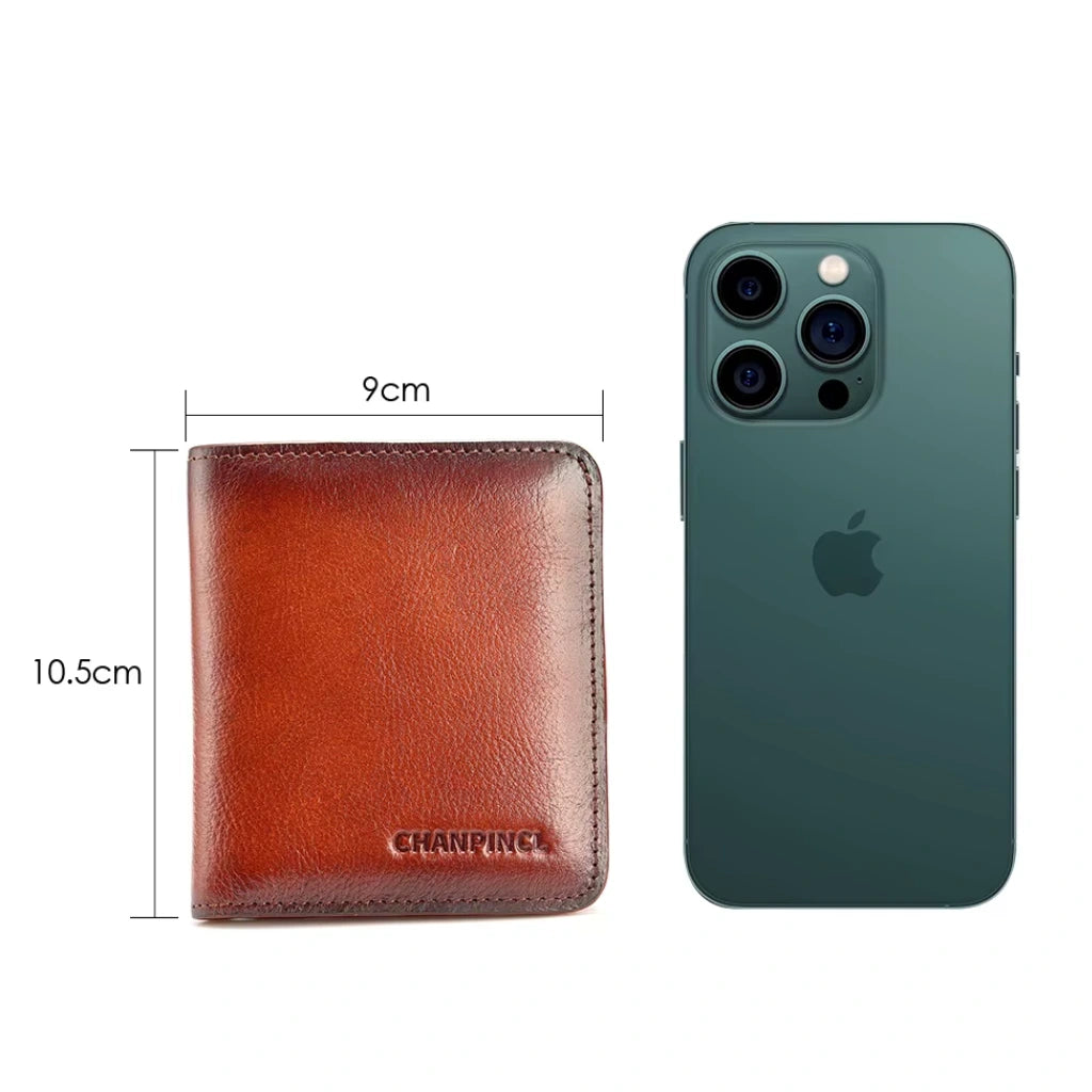 CORVIKO Renor cognac compact wallet for men - size reference next to smartphone