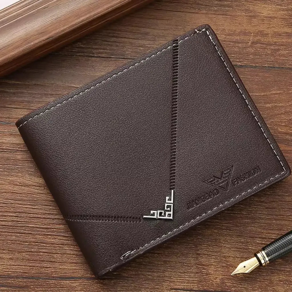 Wallet for Men Slim Model Arlen Coffee by CORVIKO on wooden surface with refined everyday style