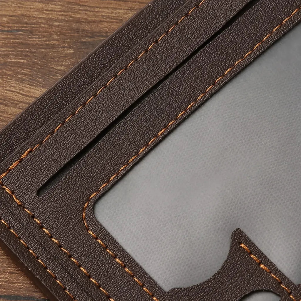 Close-up of Wallet for Men Slim Model Arlen Coffee showing PU leather texture stitching and ID window